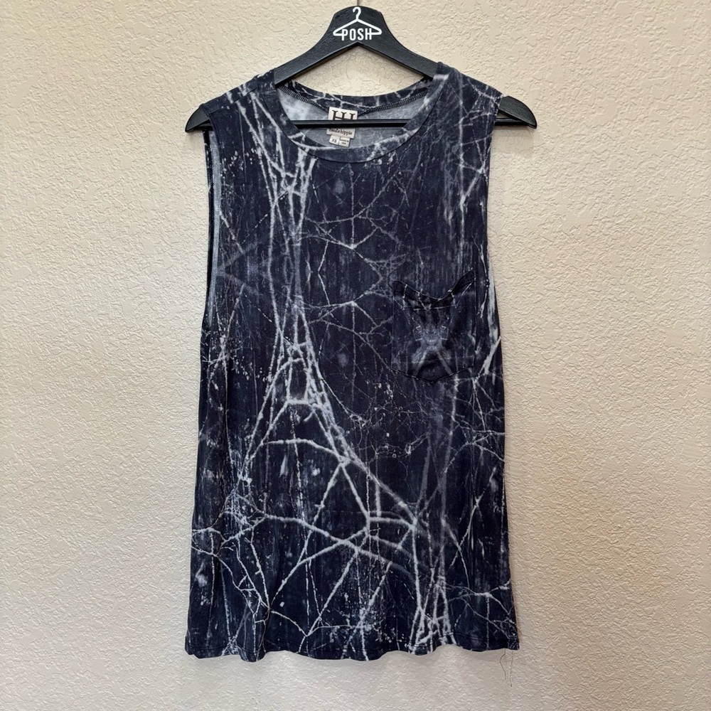 Haute Hippie Grunge Cyber Punk Spider Web Jersey Tank Black Chest Pocket